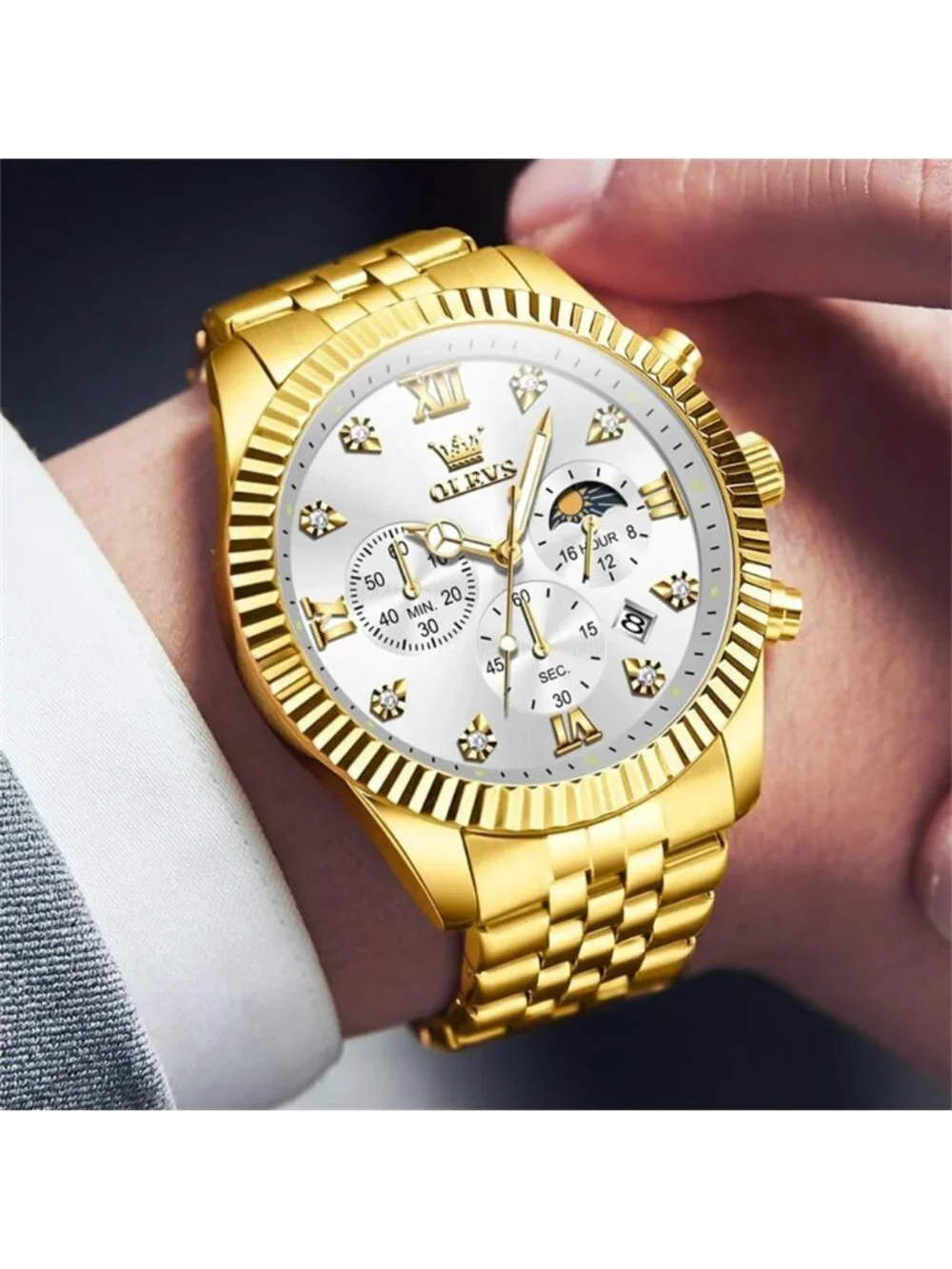 Men's White Gold Diamond Stainless Steel Waterproof Roman Numbers Classic Watch